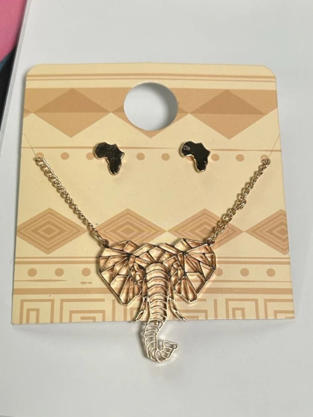 Geometric Cutout Elephant Pendant Necklace & Africa Map Stud Earrings Set Gold T